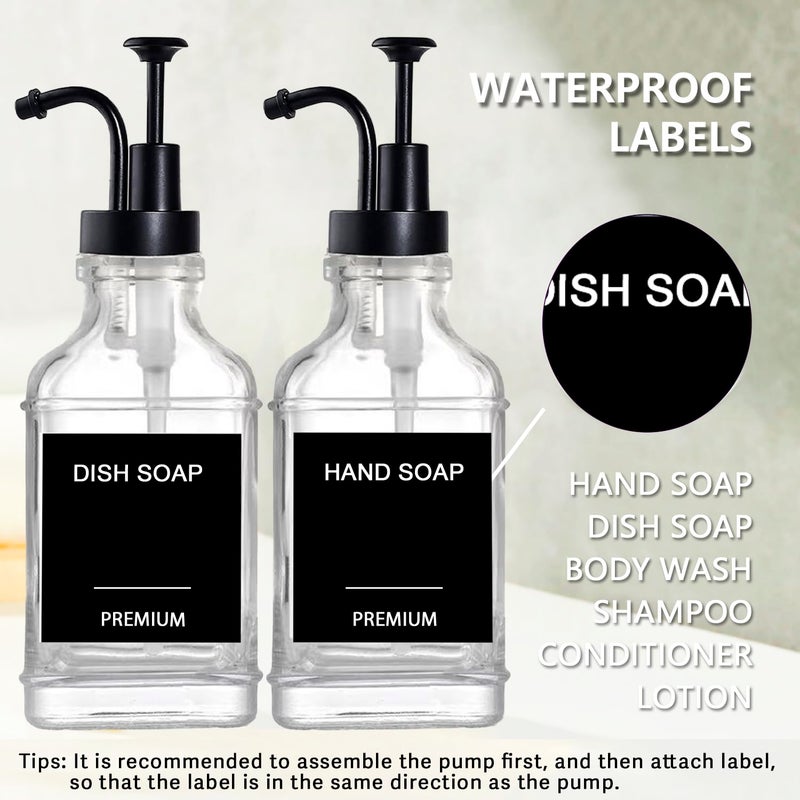 Hoousuper Dish Soap Dispenser for Kitchen, Hand Glass Soap Dispenser Set with Pump, Funnel for Bathroom, Shower, Laundry, Liquid, Lotion (Black 2 Pack 18 Oz Clear Bottles with 12 Stickers) - Image 4